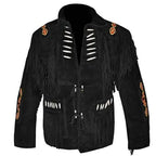 Men's Black Suede Western Fringe Leather Jacket-0