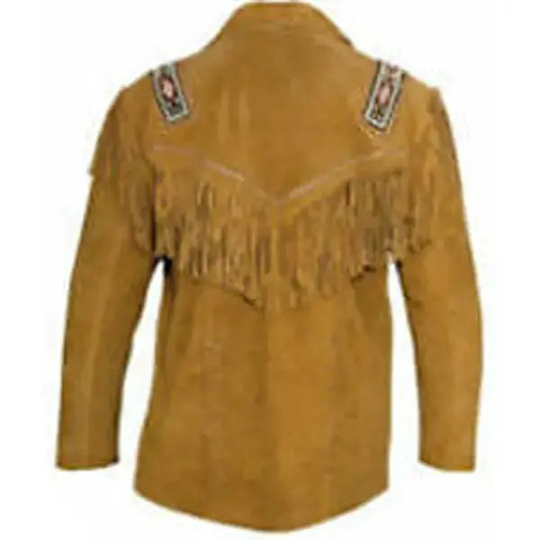 Men's Western Cowboy Suede Leather Coat with Fringe & Beads-1