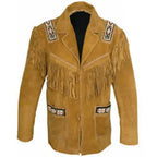 Men's Western Cowboy Suede Leather Coat with Fringe & Beads-0
