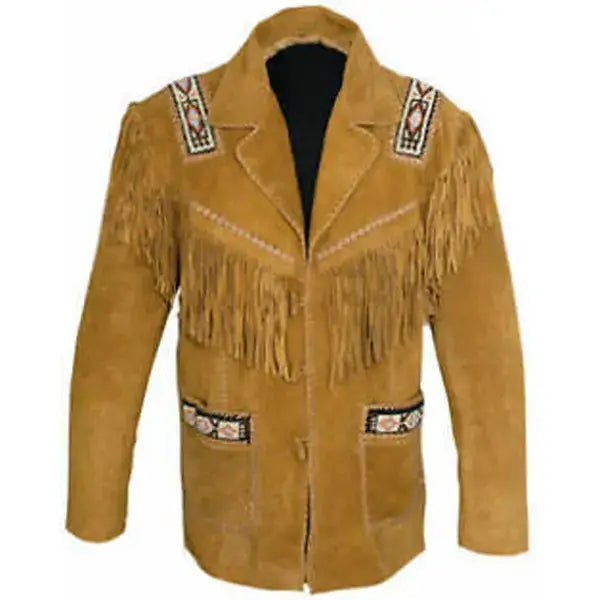 Men's Western Cowboy Suede Leather Coat with Fringe & Beads-0