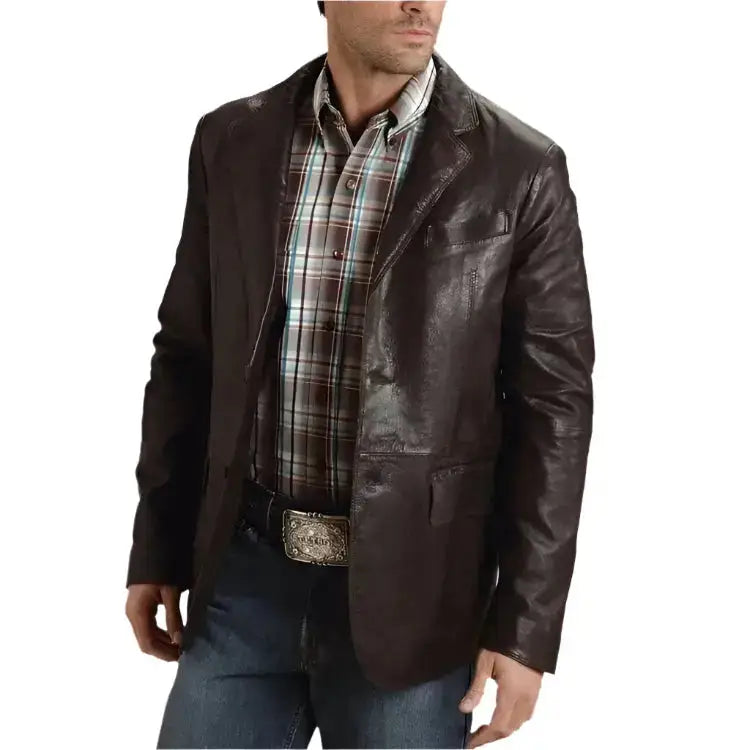 Men's Western Smooth Brown Leather Blazer Jacket-0