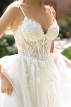 A-Line Wedding Gown A Sheer Corset Bodice With Lace Appliqué And Beaded Spaghetti Straps-2