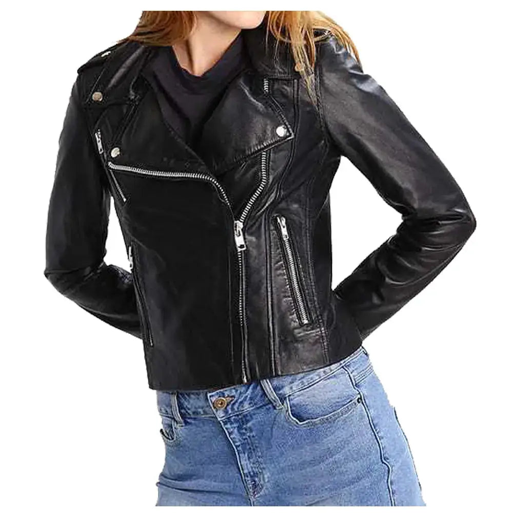 Women's Lambskin Leather Biker Jacket-0