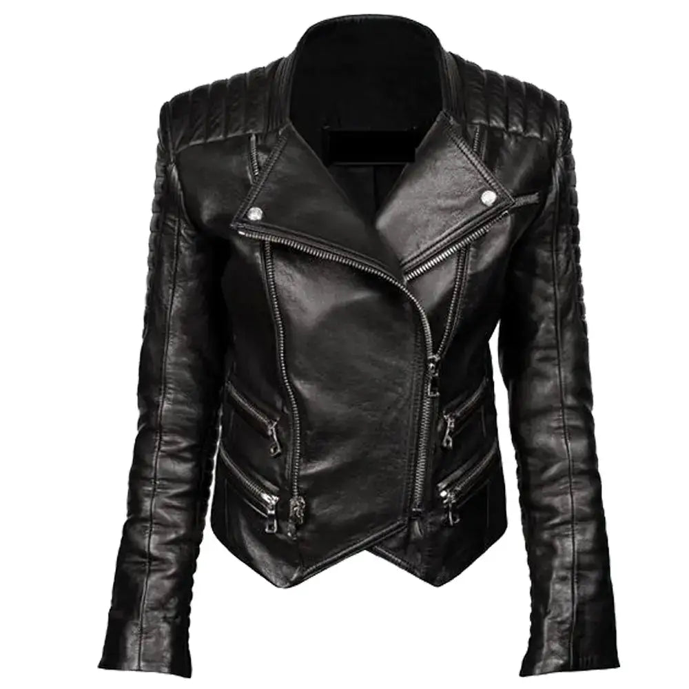 Women’s Genuine Leather Biker Double Zipper Jacket-0