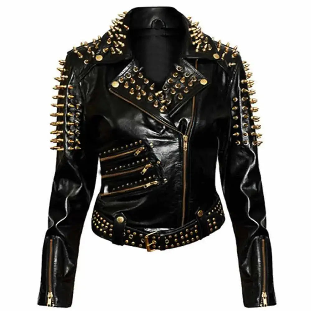 Womens Black Studded Leather Jacket-0