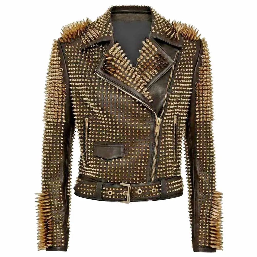 Women’s Golden Studded Spikes Leather Jacket-0