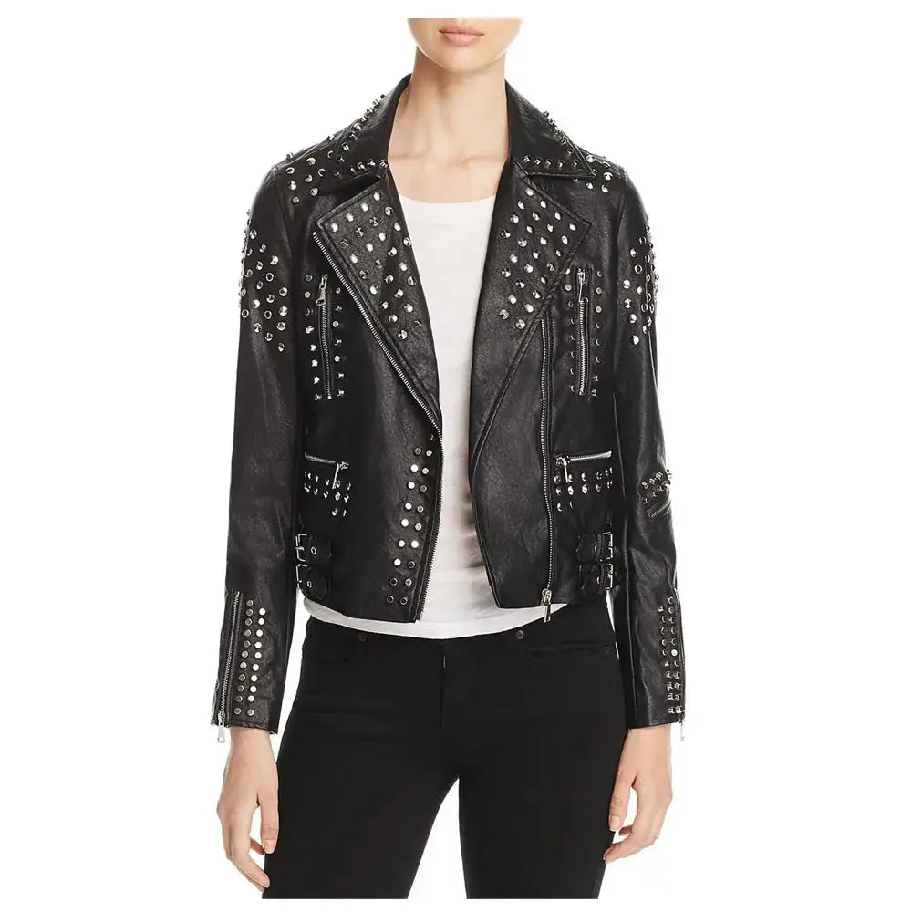 Women’s Studded Lambskin Leather Biker Jacket-0