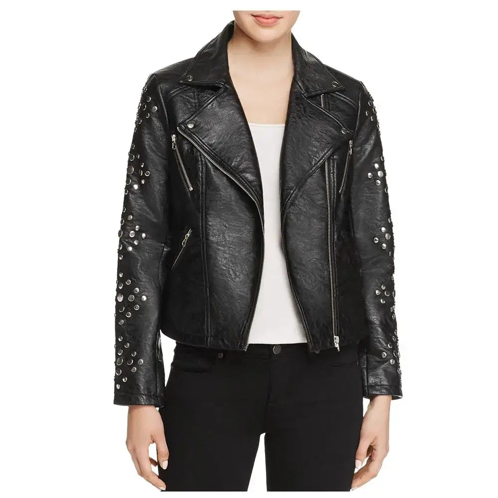 Women’s Black Pin-Studded Biker Leather Jacket-0