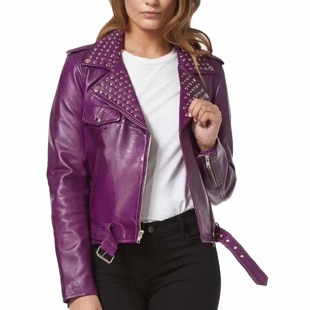 Women's Purple Leather Studded Biker Fashion Jacket-1