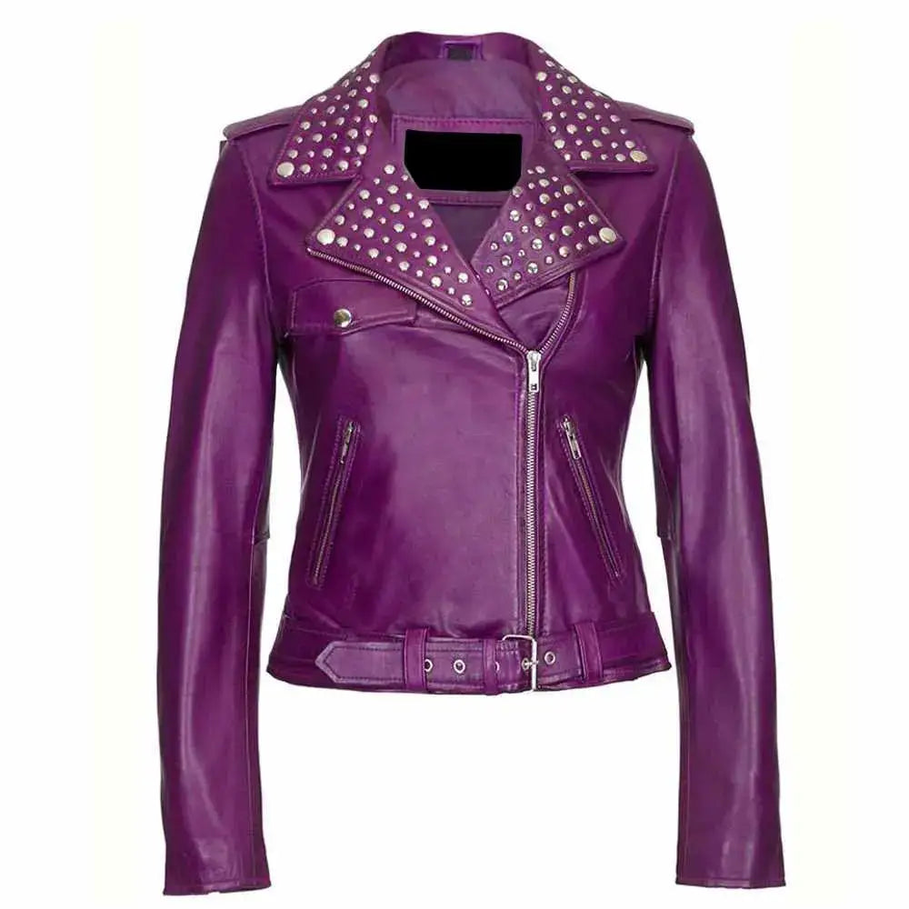 Women's Purple Leather Studded Biker Fashion Jacket-0