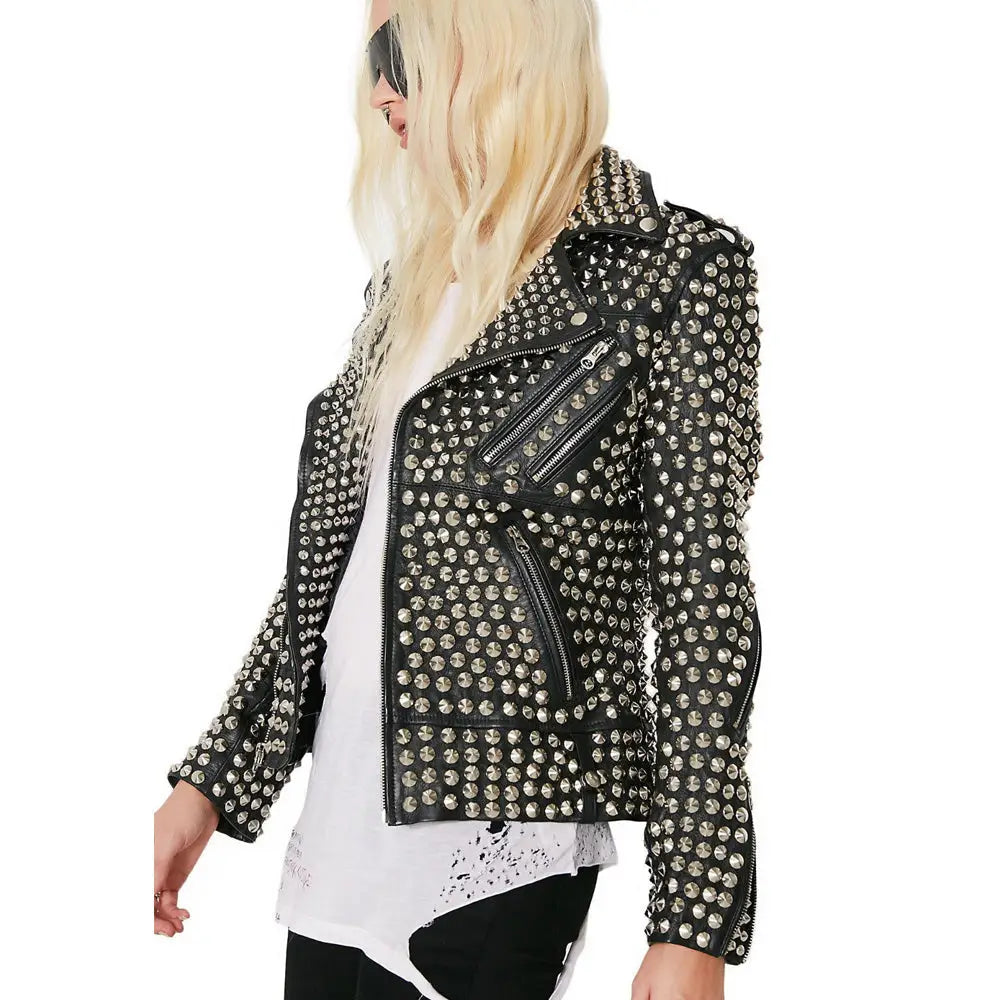 Women’s Rock Star Silver Studded Leather Jacket-3