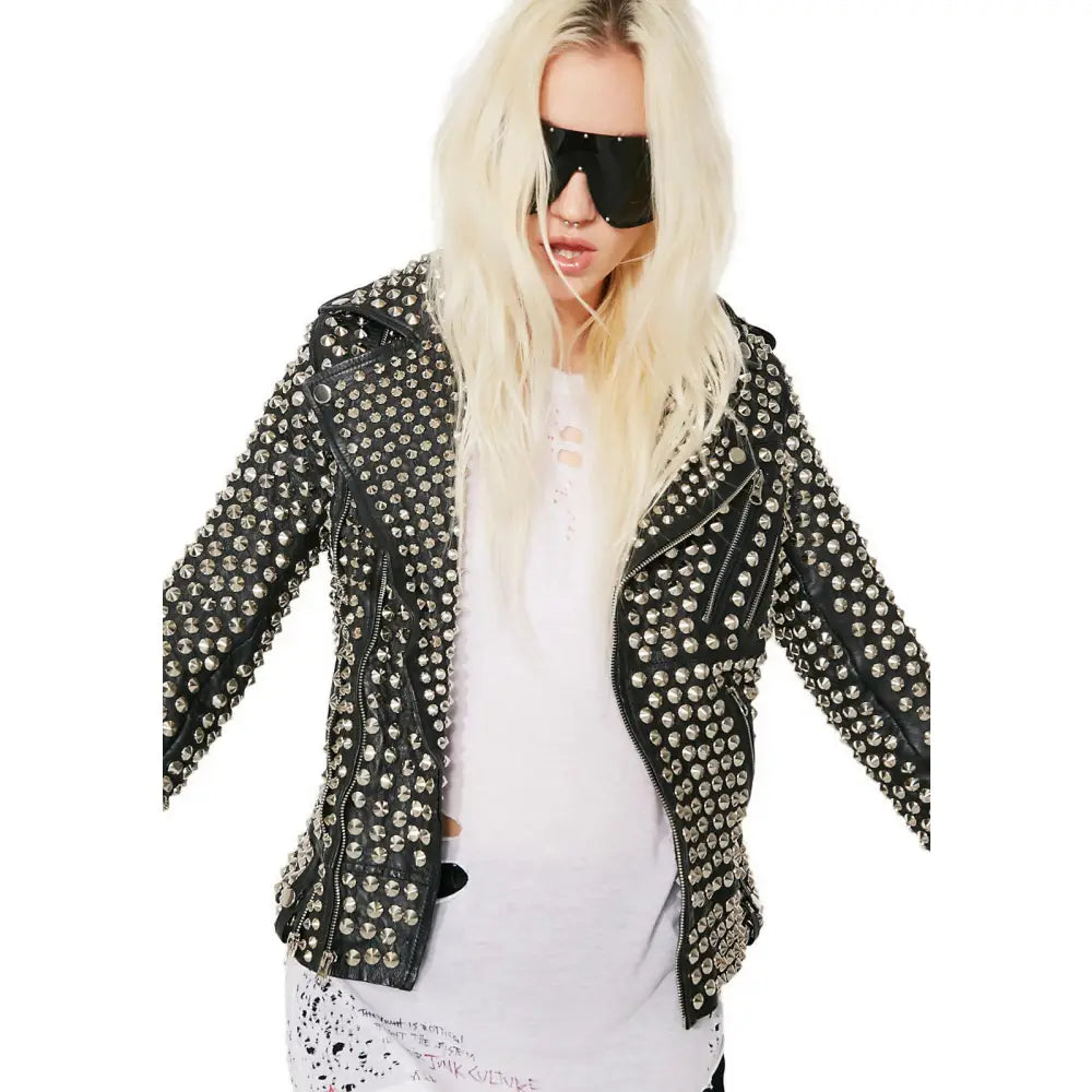 Women’s Rock Star Silver Studded Leather Jacket-4