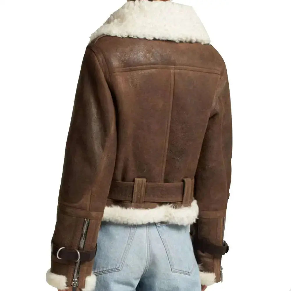 Women’s Shearling Flight Aviator Brown Leather Jacket-1