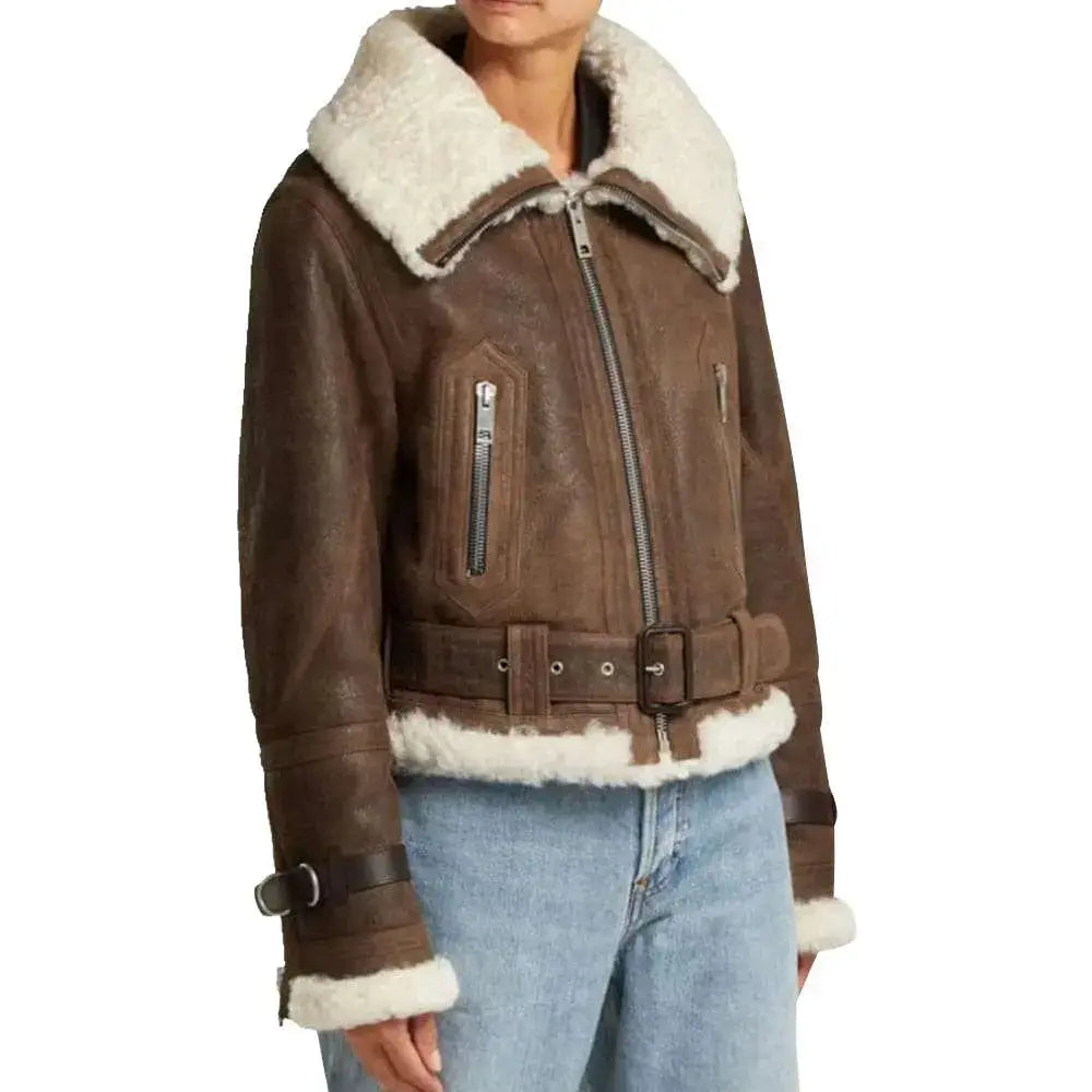 Women’s Shearling Flight Aviator Brown Leather Jacket-0