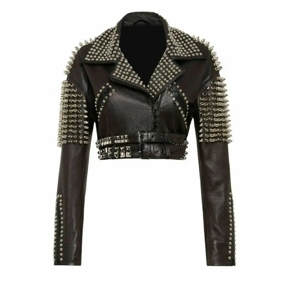 Women’s Silver Studded Short Body Leather Jacket-2