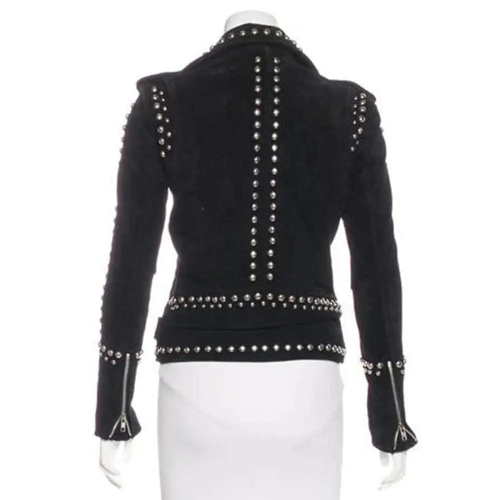 Women’s Studded Black Suede Leather Moto Jacket-1