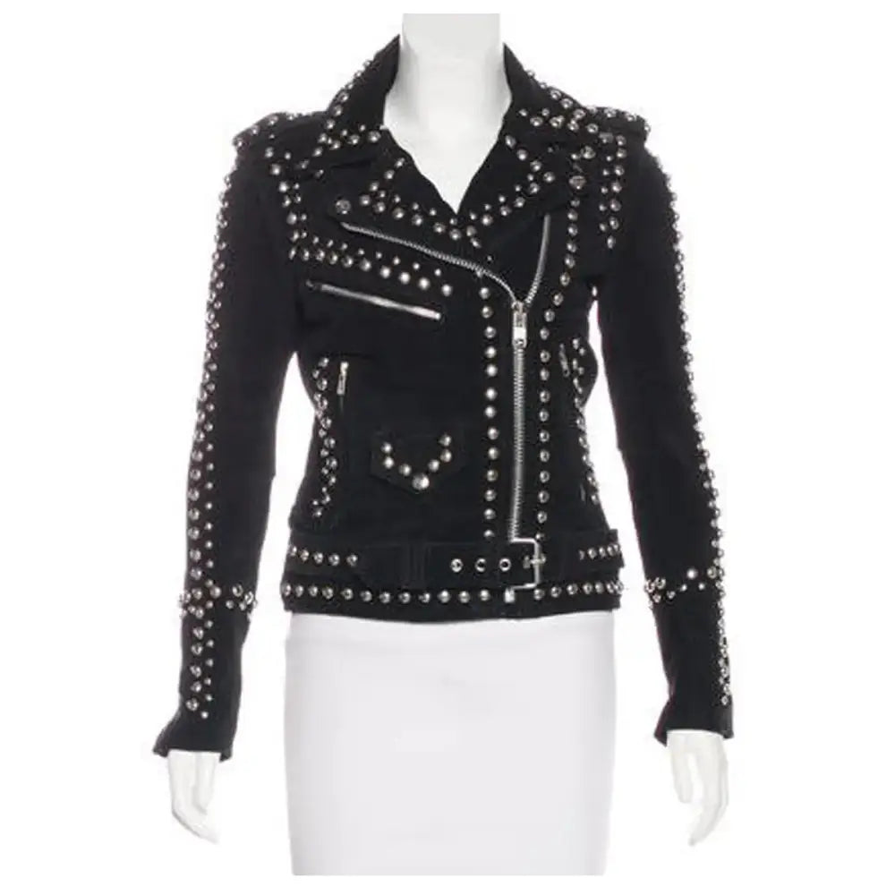 Women’s Studded Black Suede Leather Moto Jacket-0