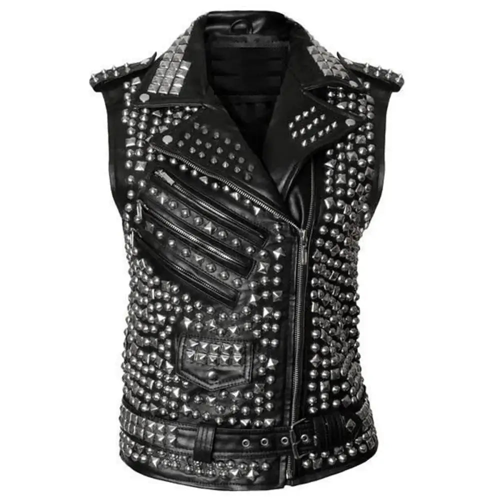 Women's Studded Leather Vest with Spike Belt – Punk Goth Style-0