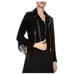Women's Genuine Suede Leather Fringe Biker Jacket-1