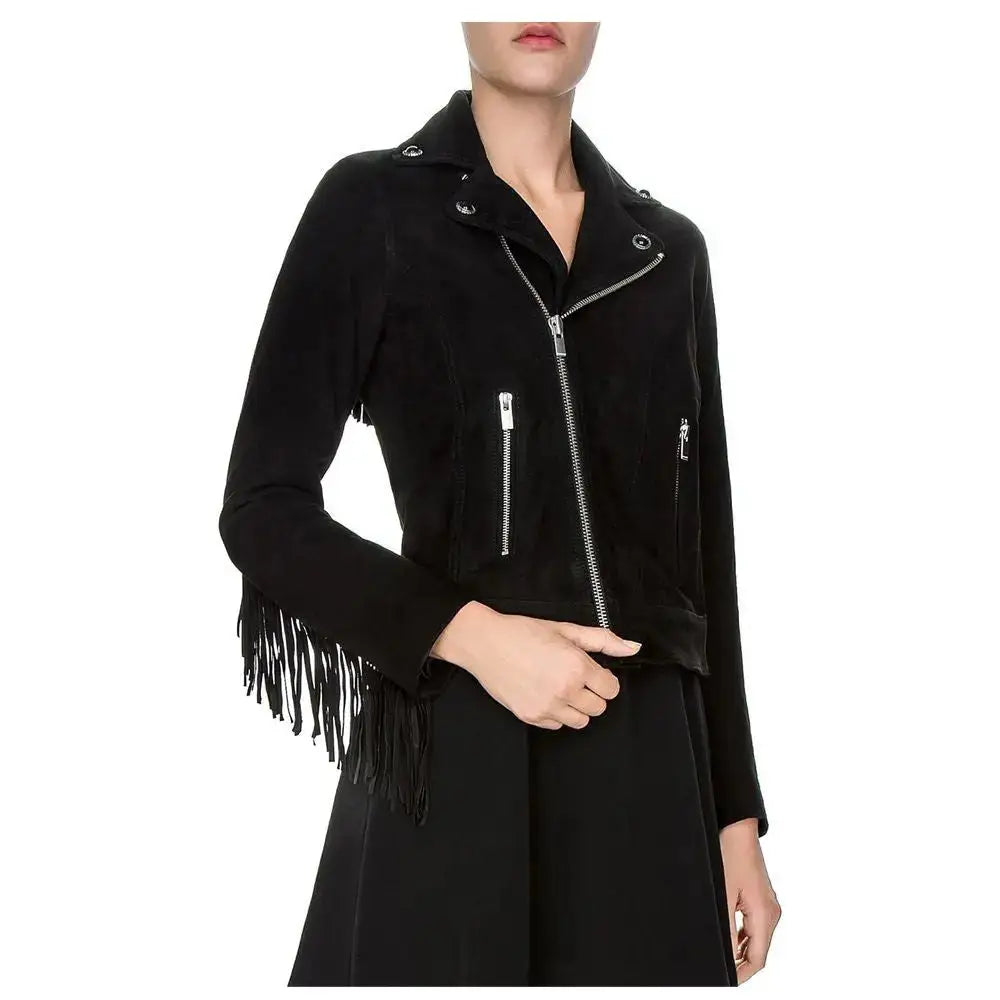 Women's Genuine Suede Leather Fringe Biker Jacket-0
