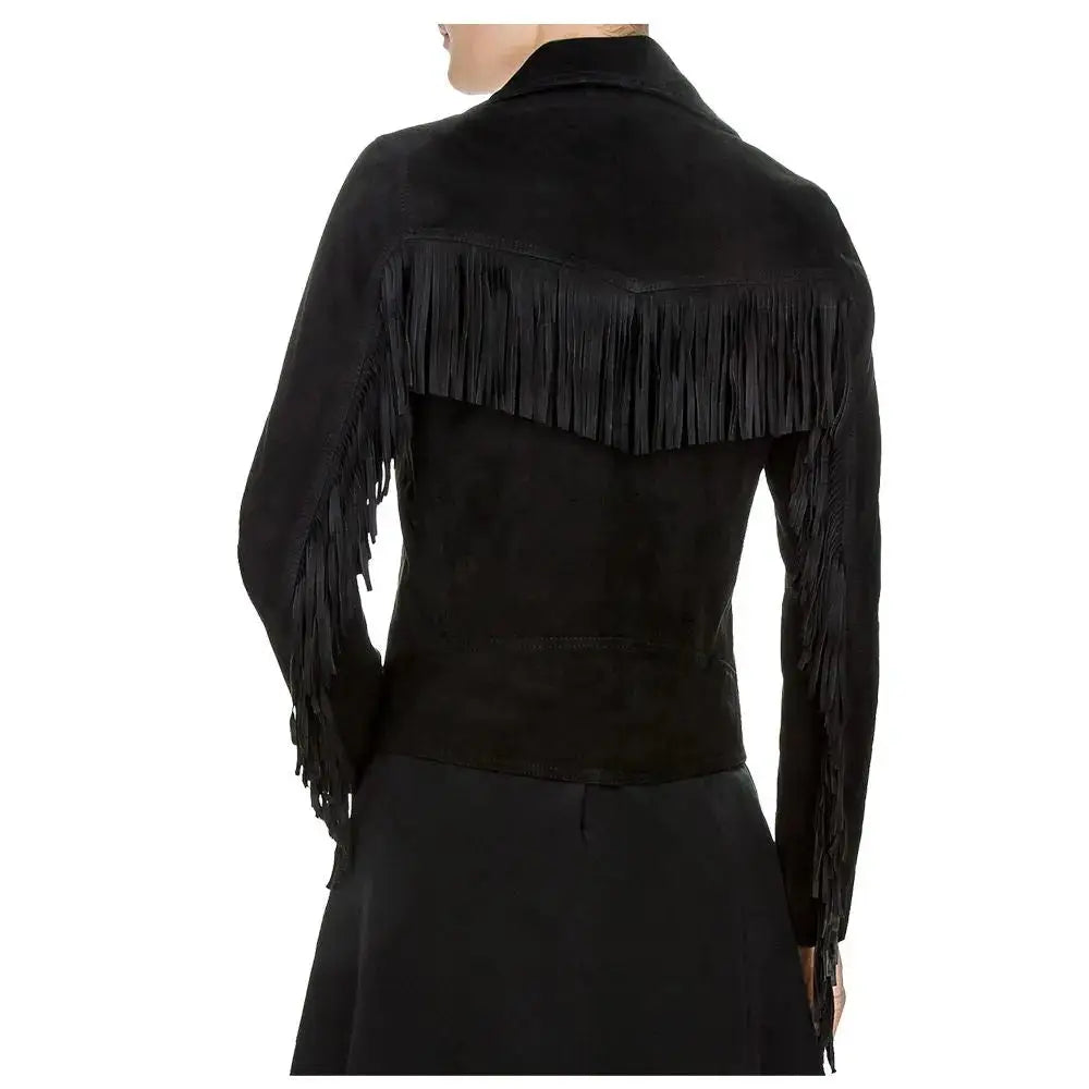 Women's Genuine Suede Leather Fringe Biker Jacket-2
