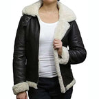 Womens Black Leather B3 Bomber Aviator Jacket-0