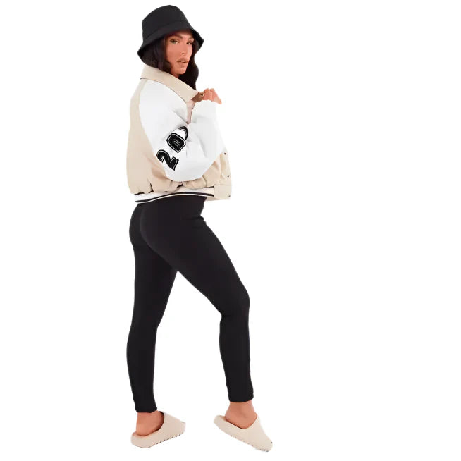 Women’s Beige Varsity Leather Bomber Jacket-2