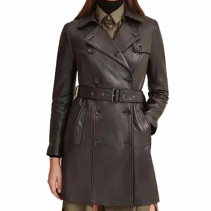 Womens Black Leather Trench Coat-0