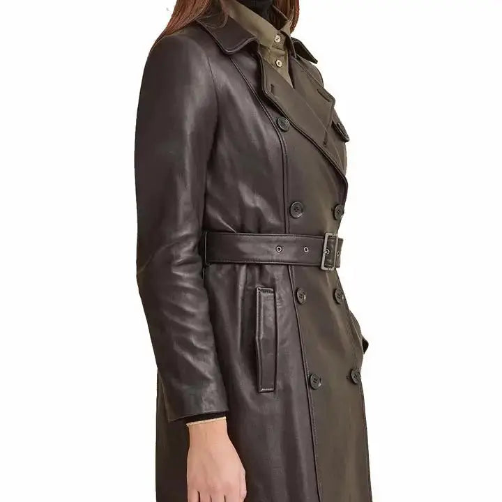Womens Black Leather Trench Coat-3