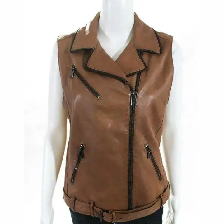 Women's Belted Lambskin Leather Motorcycle Vest-0