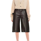 Women's Black Cropped Leather Pants-0