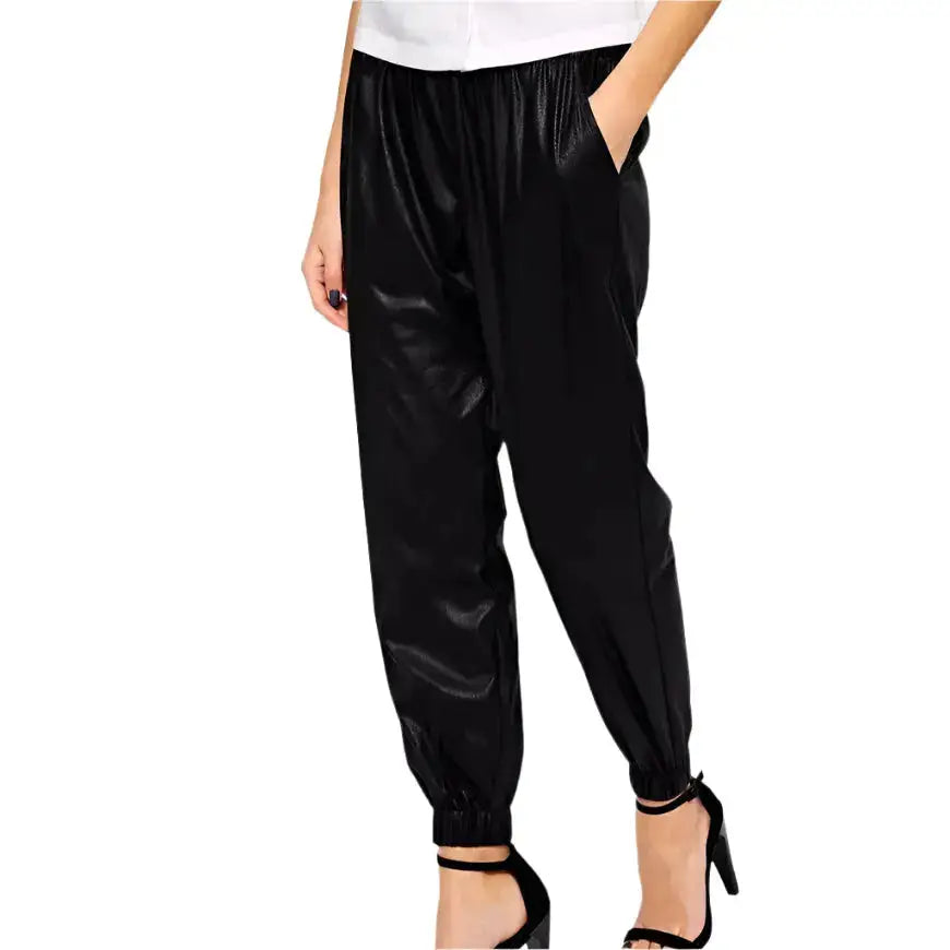 Women’s Black Lambskin Leather Joggers-1