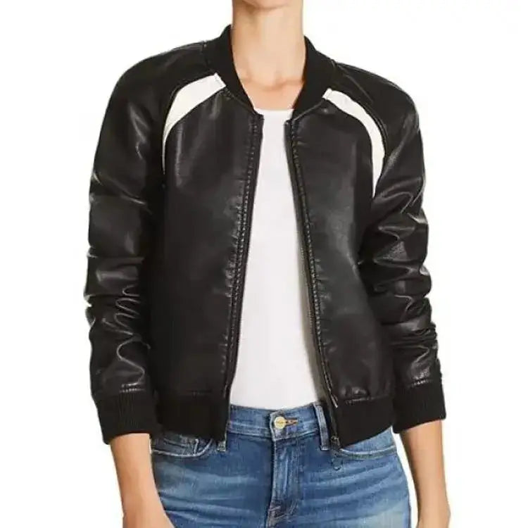 Womens Black Leather Bomber Jacket-0