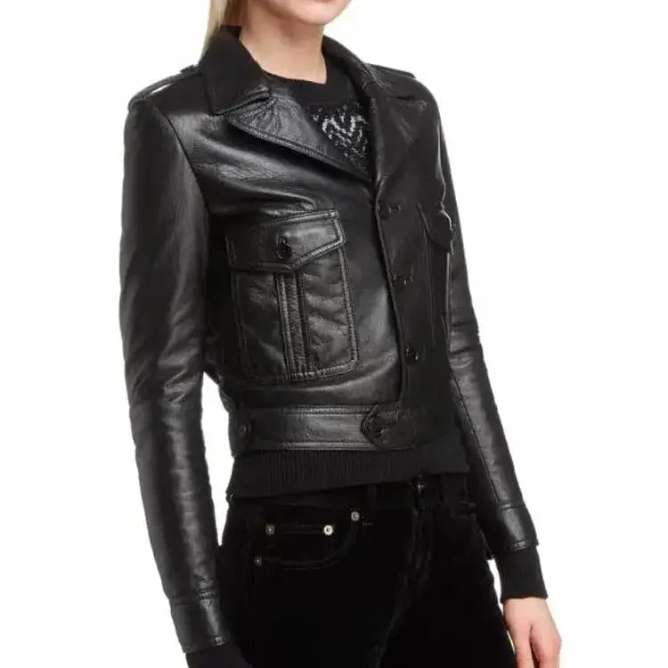 Women’s Black Leather Motorcycle Jacket with Button Front-1