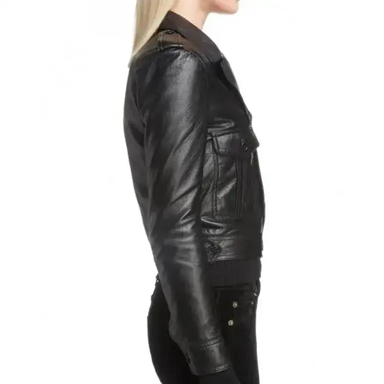 Women’s Black Leather Motorcycle Jacket with Button Front-2