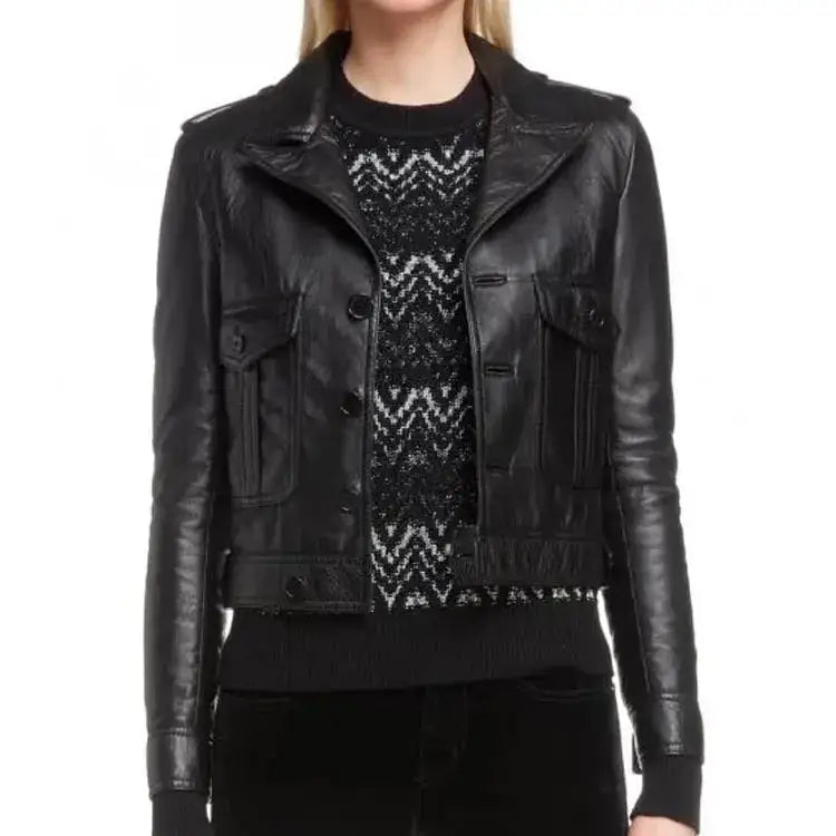 Women’s Black Leather Motorcycle Jacket with Button Front-0