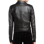 Women’s Black Leather Motorcycle Jacket with Button Front-3