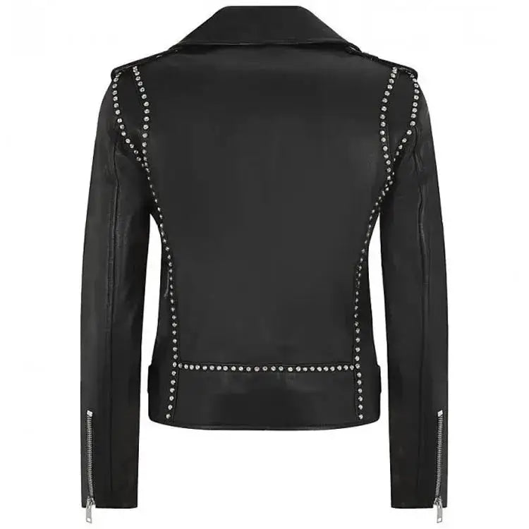 Womens Black Studded Leather Motorcycle Jacket-1