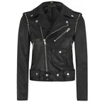 Womens Black Studded Leather Motorcycle Jacket-0