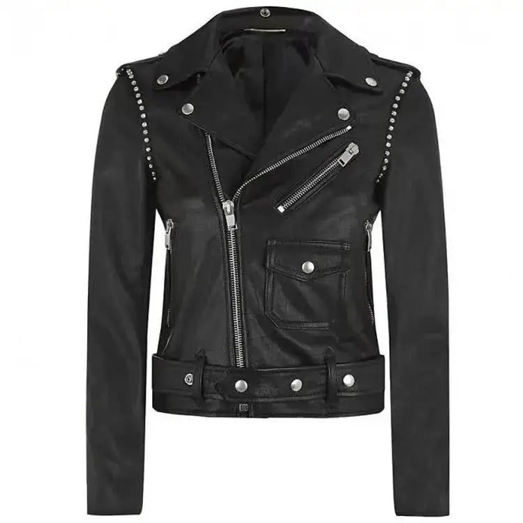 Womens Black Studded Leather Motorcycle Jacket-0