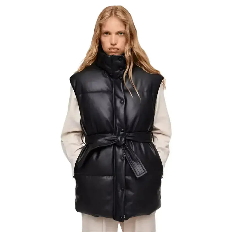 Women’s Black Leather Puffer Vest-0