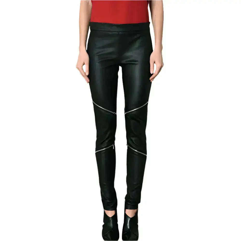 Women's Black Leather Skinny Pants-0