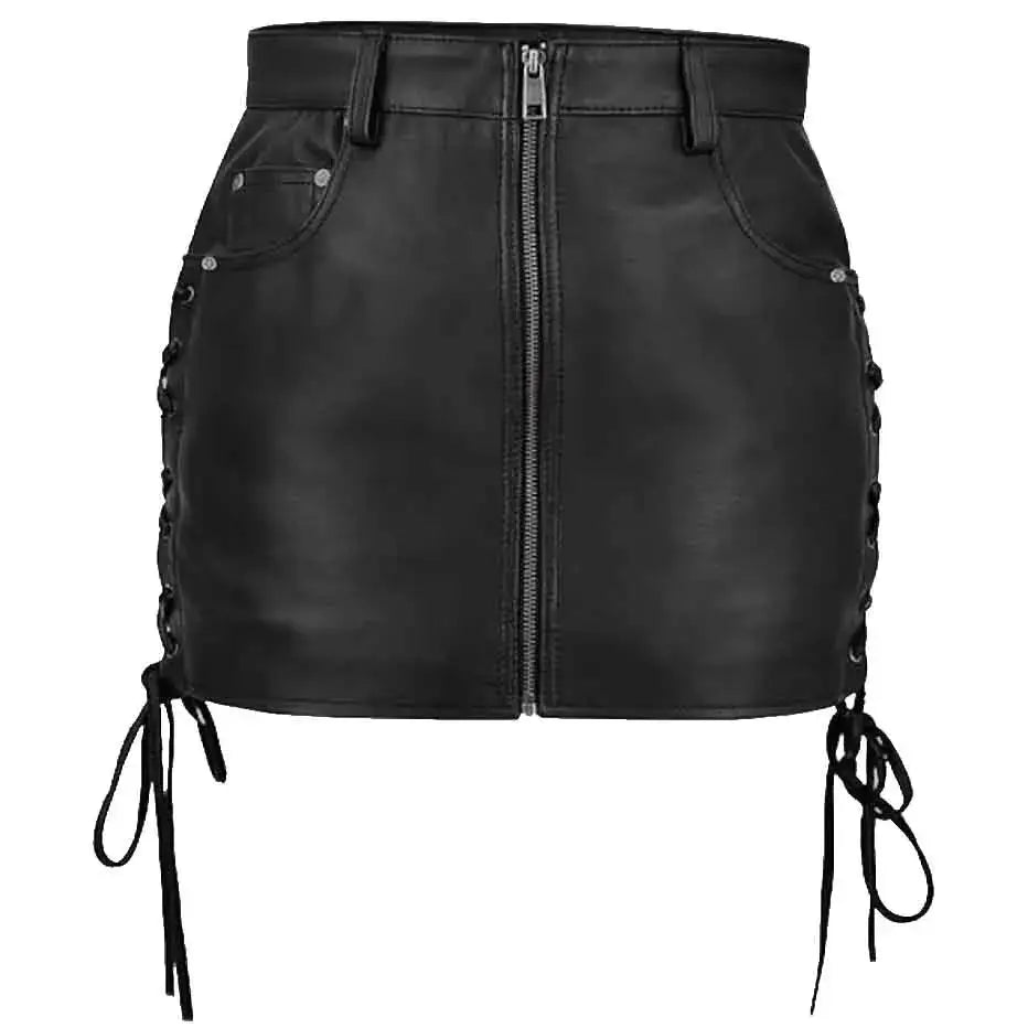 Women’s Black Leather Skirt – Side Lace-Up-0