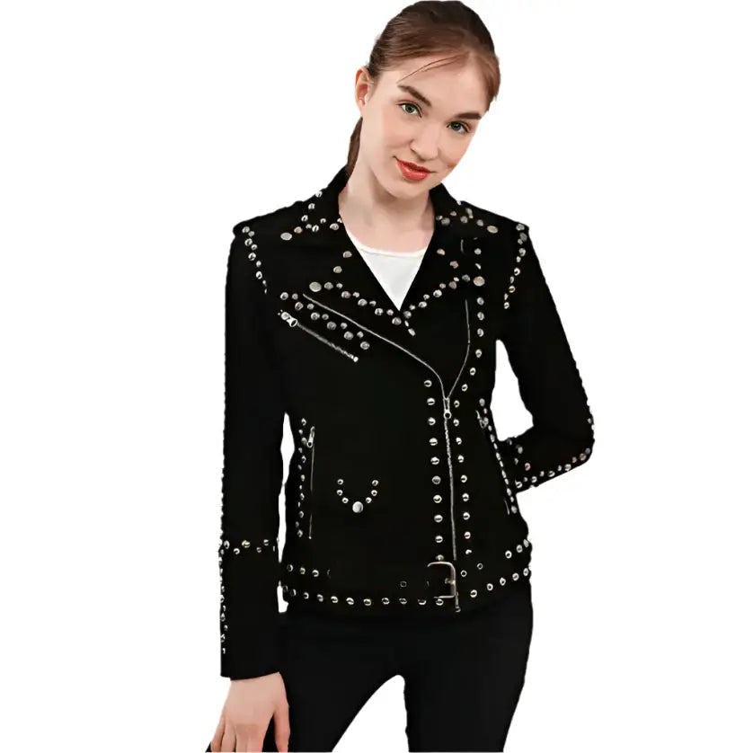 Womens Black Studded Suede Biker Jacket-0