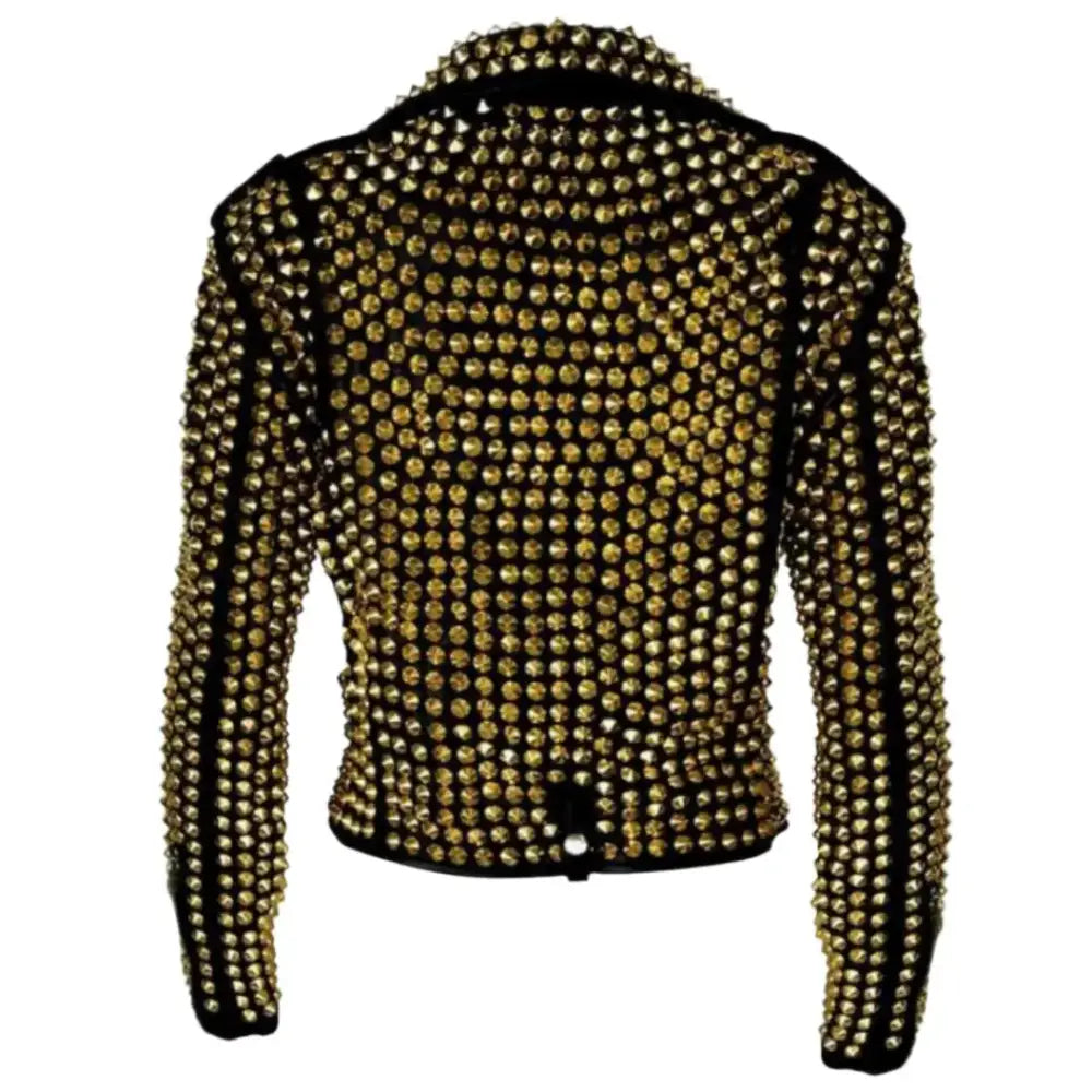 Women’s Brando Golden Metal Studded Moto Biker Leather Jacket-1