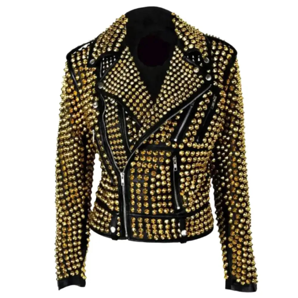Women’s Brando Golden Metal Studded Moto Biker Leather Jacket-0