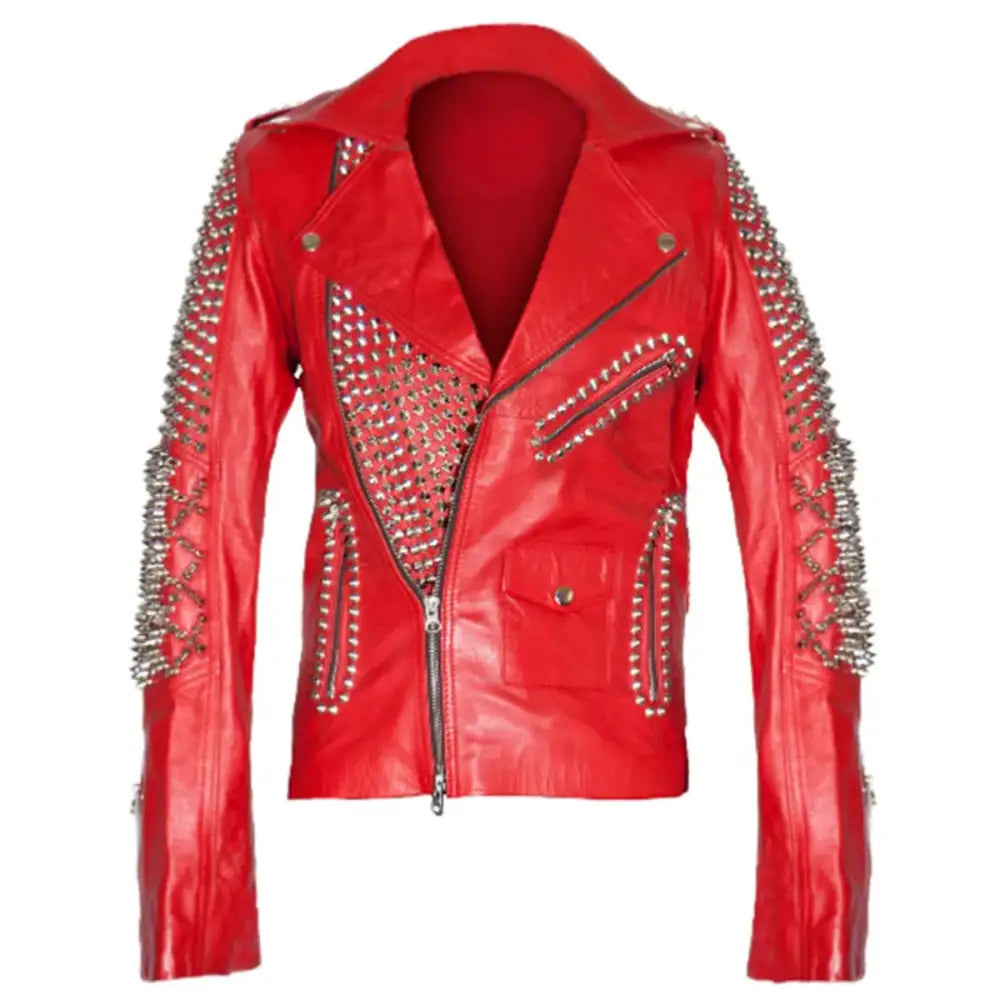 Women's Red Studded Brando Leather Biker Jacket-0