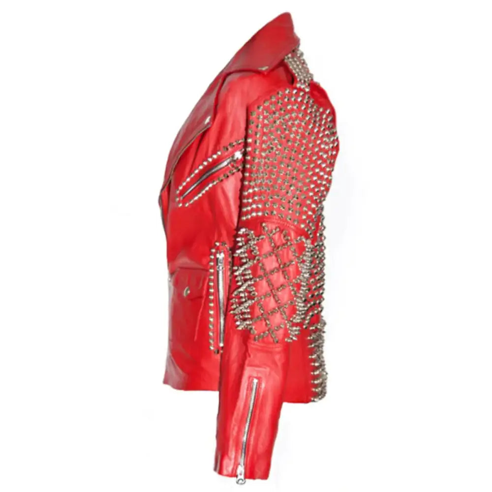 Women's Red Studded Brando Leather Biker Jacket-2