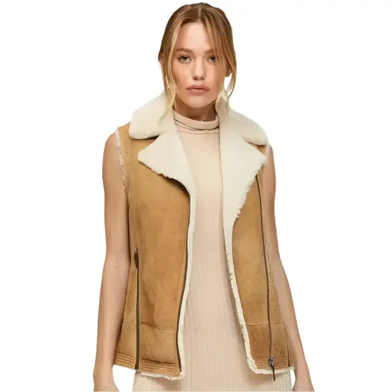 Women’s Tan Shearling Aviator Vest-0