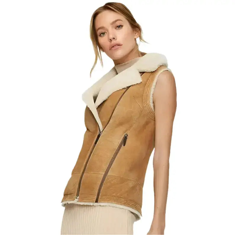 Women’s Tan Shearling Aviator Vest-2